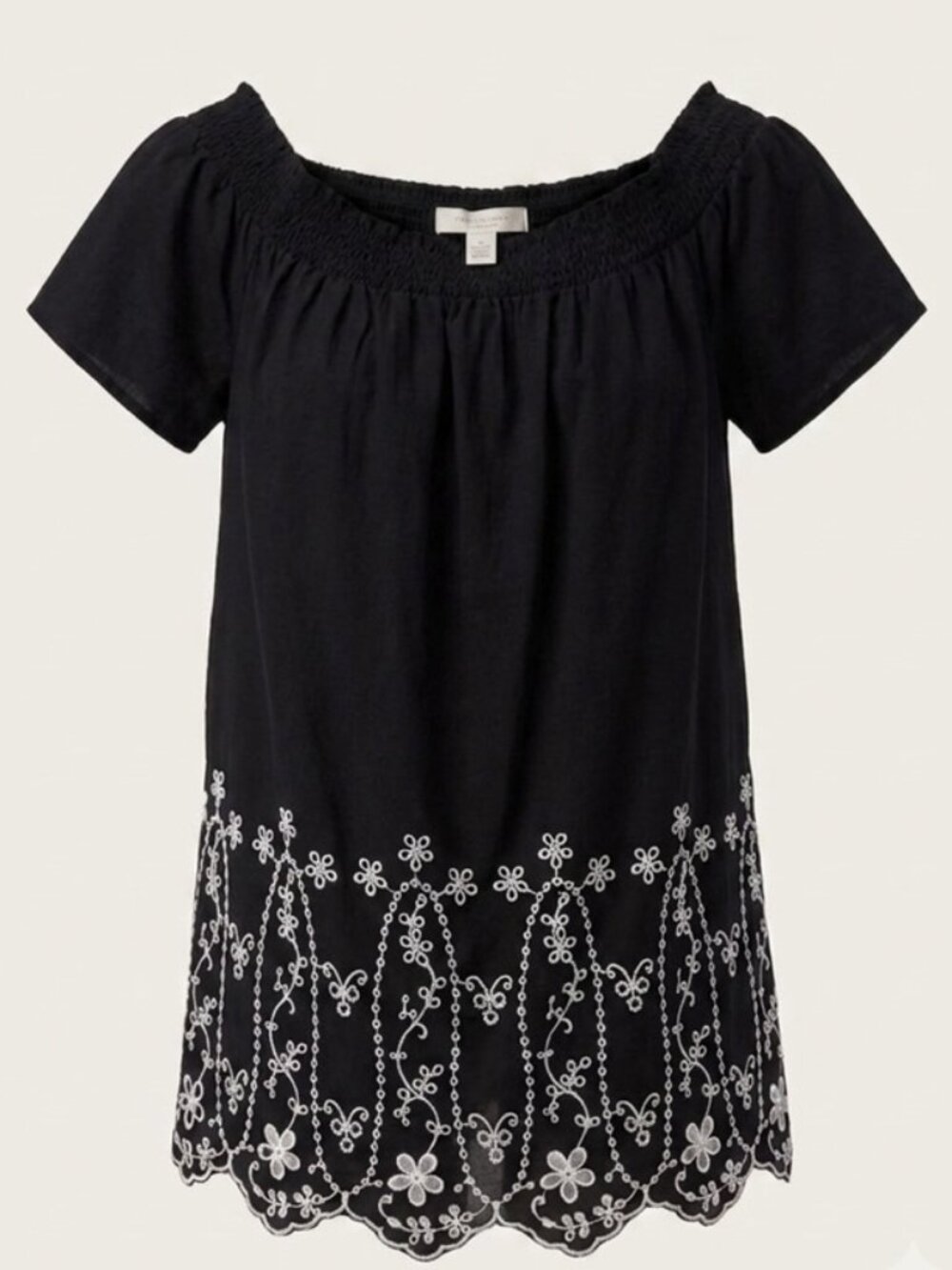 Old Navy Off Shoulder Peasant top Black with White Embroidery Large
